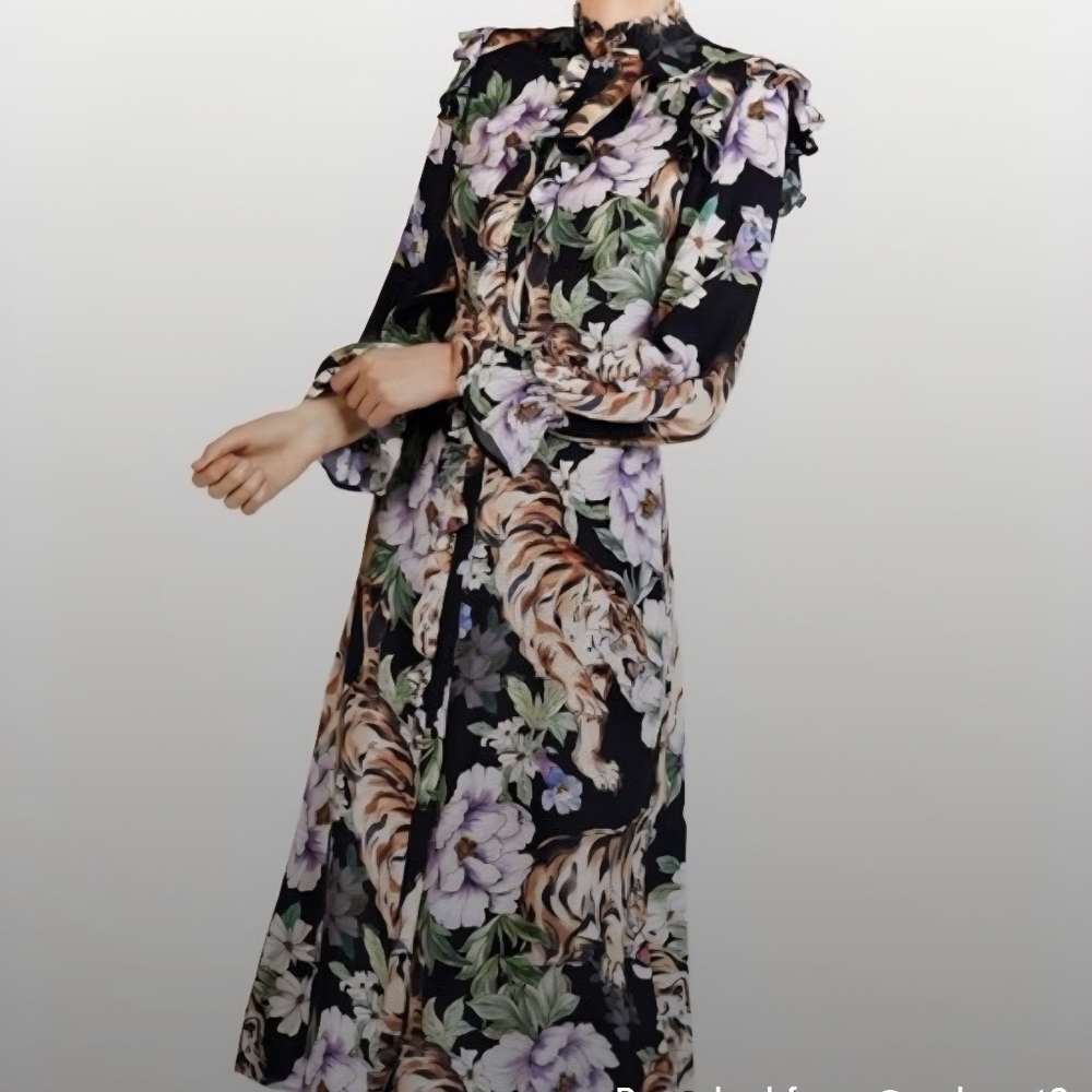 H&M Floral Tiger Print Long Sleeve Dress Size 4